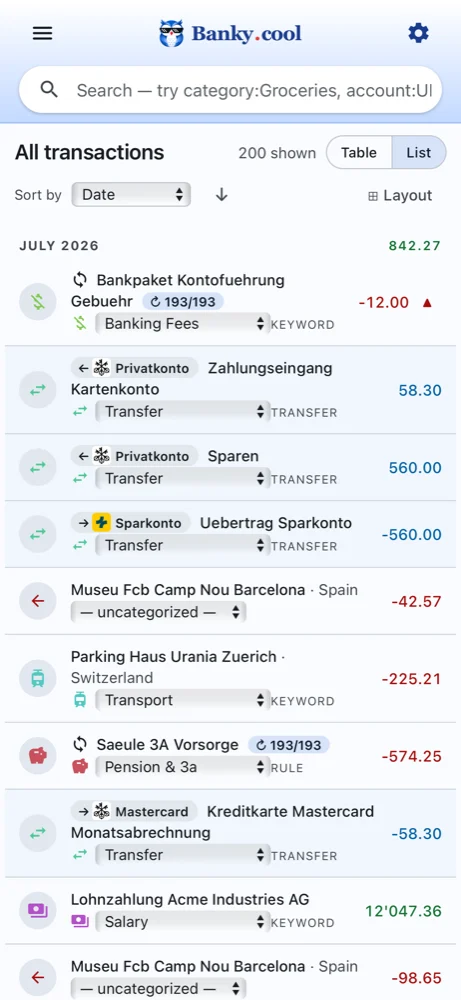 Banky.cool on the phone: the transaction list view