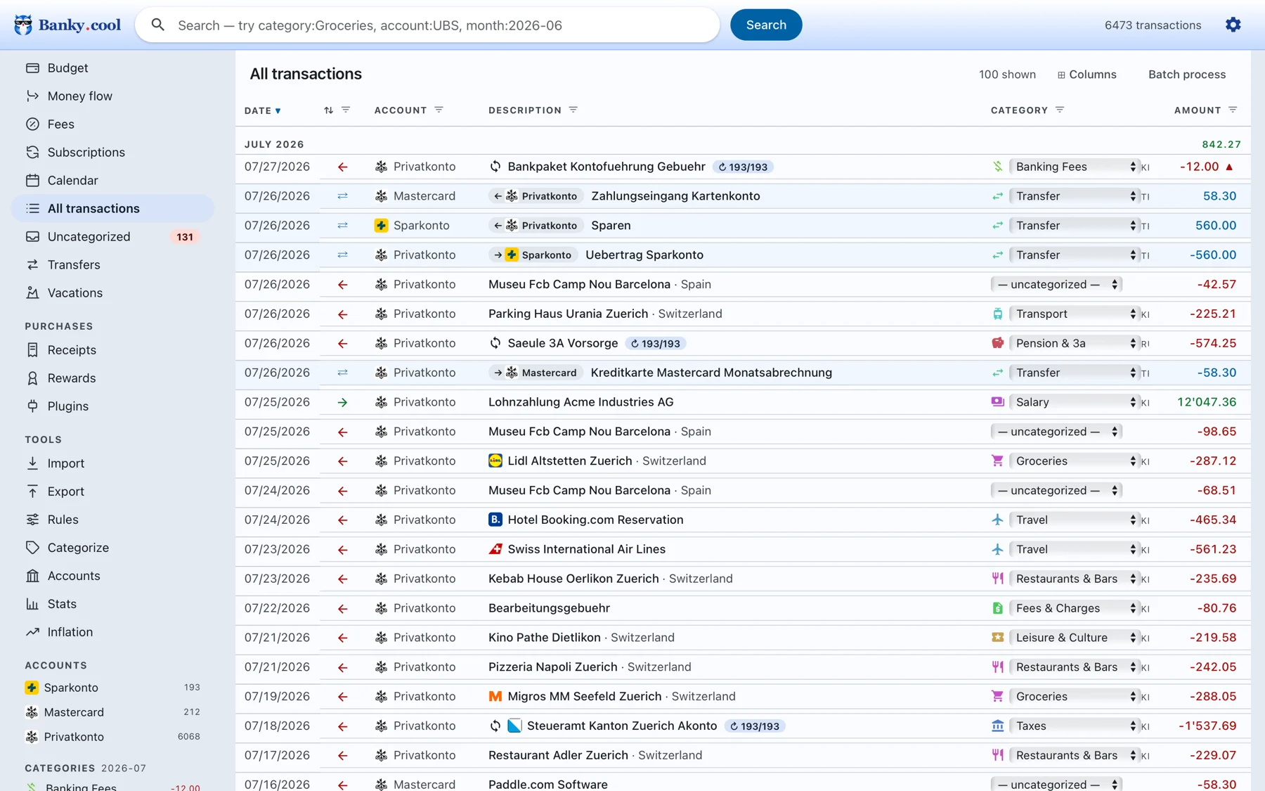 Banky.cool transaction list with instant search, inline categories and merchant icons