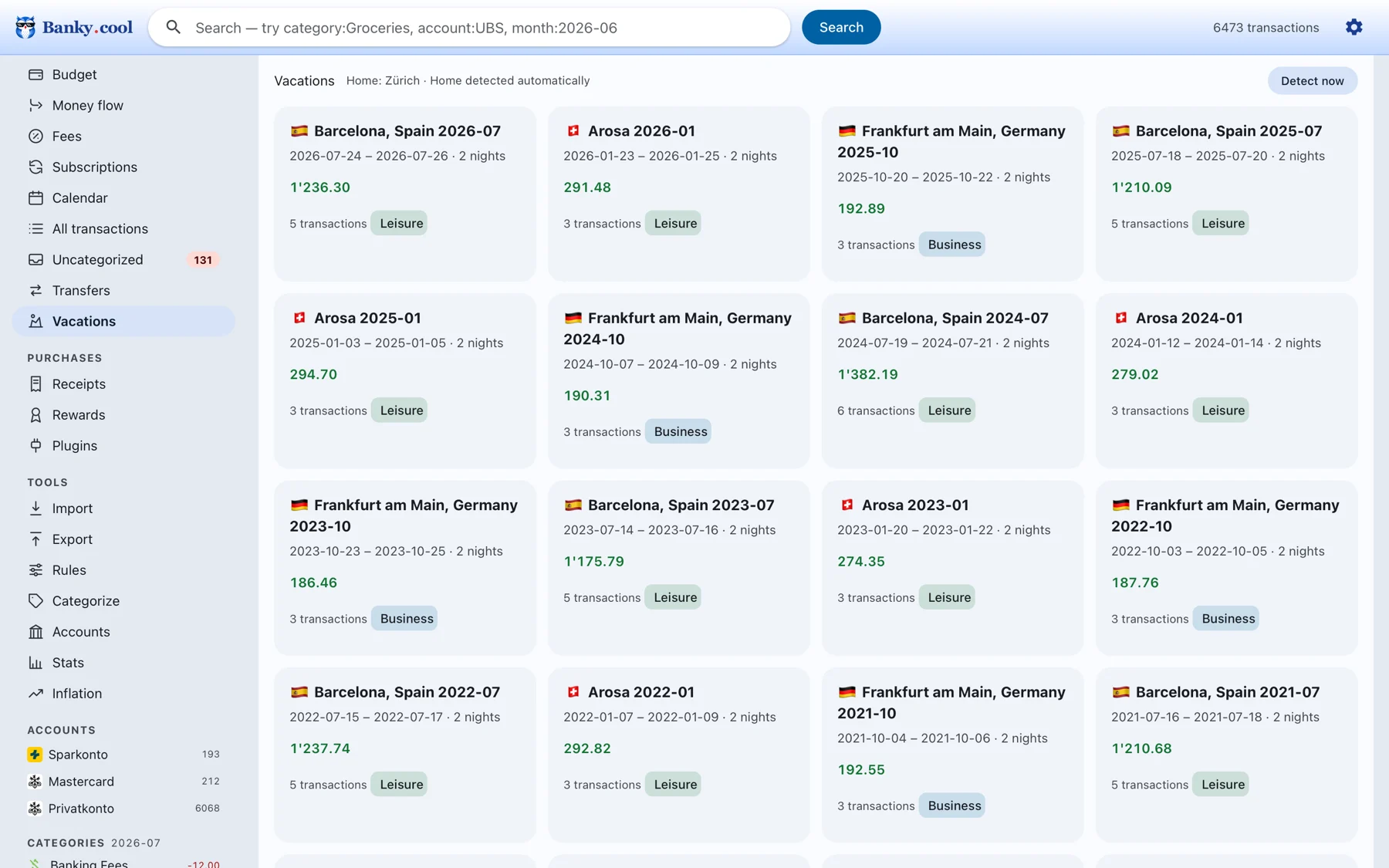 Banky.cool vacation detector grouping spending away from home into trips